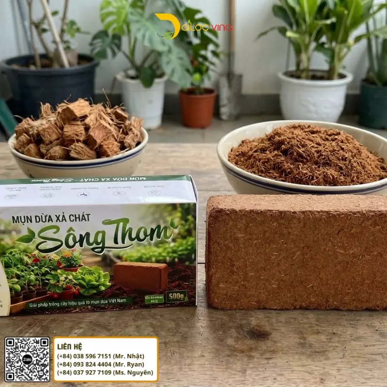 Viên nén mụn dừa Sông Thom 500g cùng mụn dừa xả chát đã xử lý và xơ dừa tự nhiên